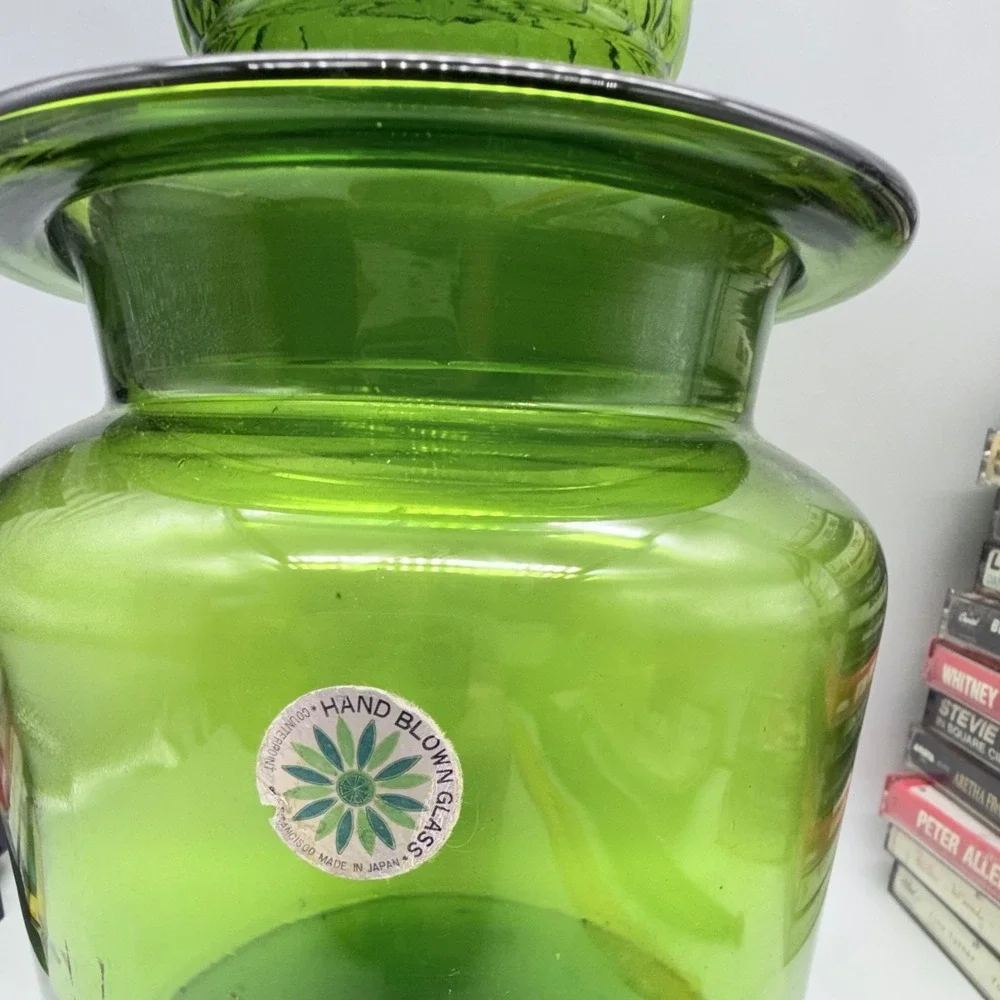 Counterpoint Hand Blown Glass Apothecary Jar Green Vintage Japan Sunburst Lid